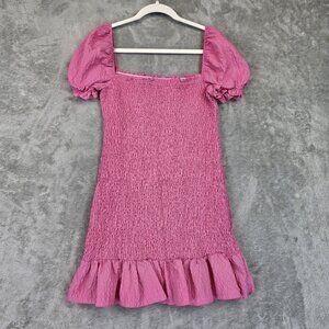 Zara Dress Womens Large Pink Smocked Bodycon Puff Sleeve Ruffle Hem Mini